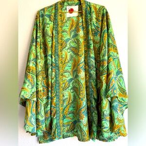 Rajasthan Collection By Iskra Kimono Sleeve Robe Paisley Green Sz: L Boho Hippie